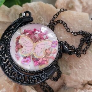 Charming Crescent Moon Black Filigree and Pink Butterfly Necklace